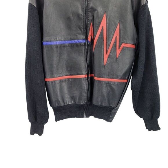 Mens Vintage 80s Leather Jacket Zip MJ Heart Beat Inlay Wool Black M Streetwear - Picture 8 of 14